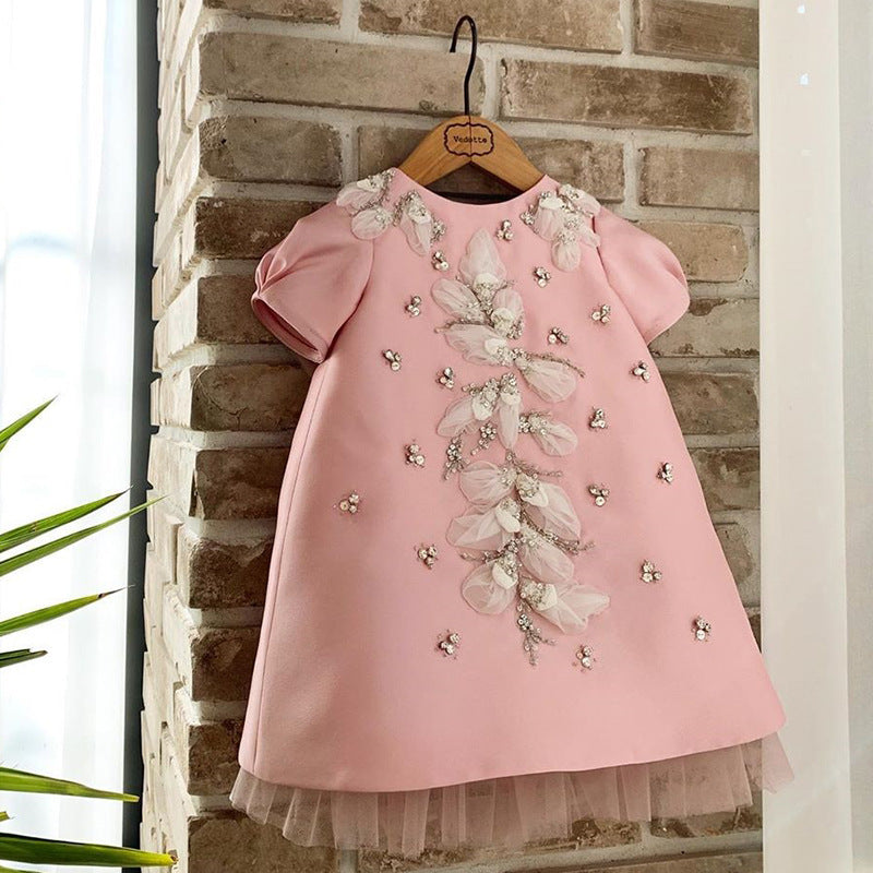 Princess Tea-Length Satin Flower Girl Dress with Puff Sleeves