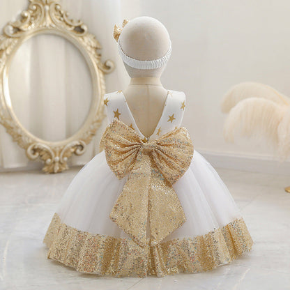 Princess Tea-Length Tulle Flower Girl Dress with Sequins and Bow