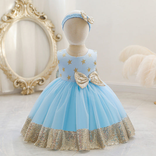 Princess Tea-Length Tulle Flower Girl Dress with Sequins and Bow