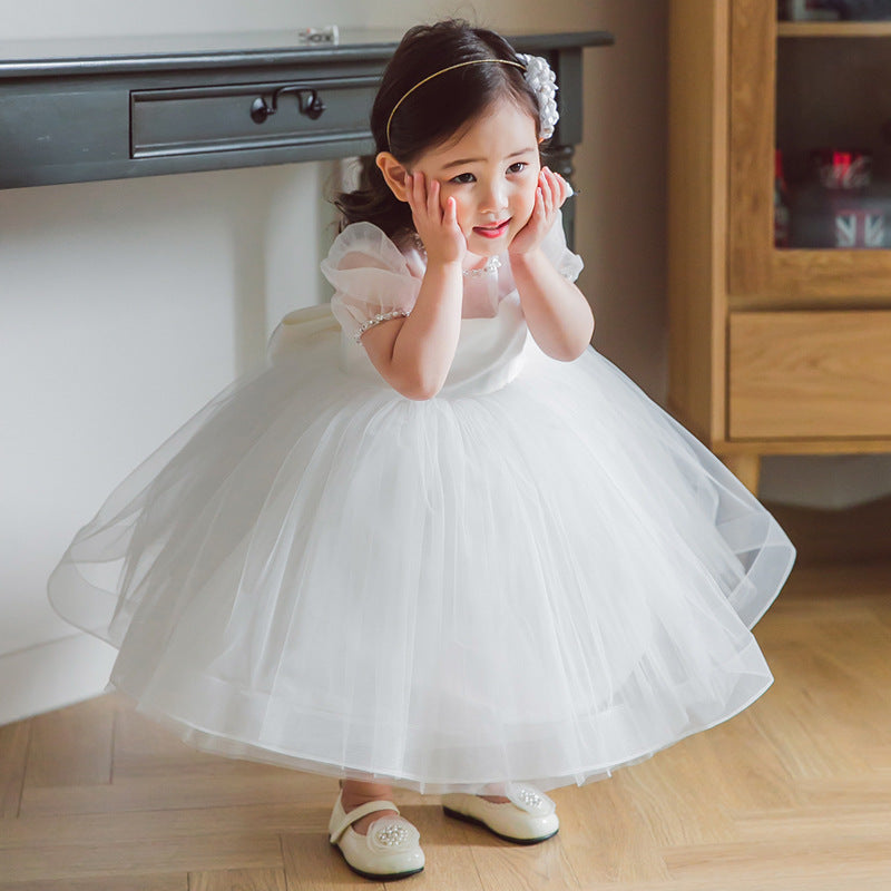 Princess Tulle Flower Girl Dress with Beads and Bow Tea Length