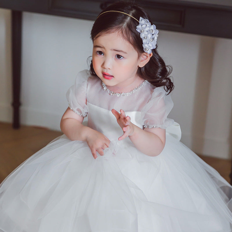 Princess Tulle Flower Girl Dress with Beads and Bow Tea Length