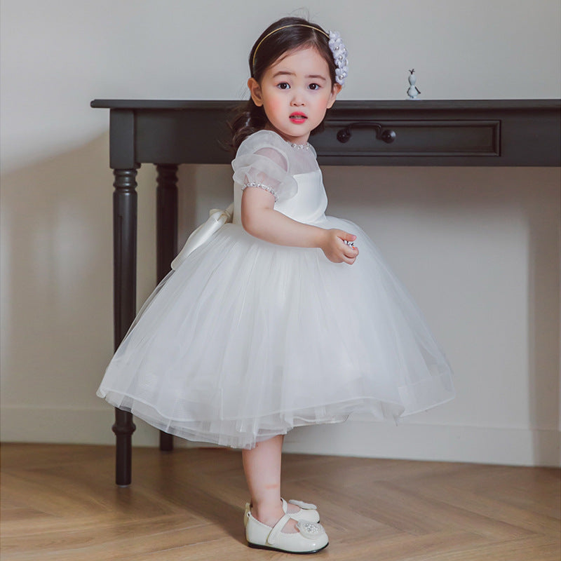 Princess Tulle Flower Girl Dress with Beads and Bow Tea Length
