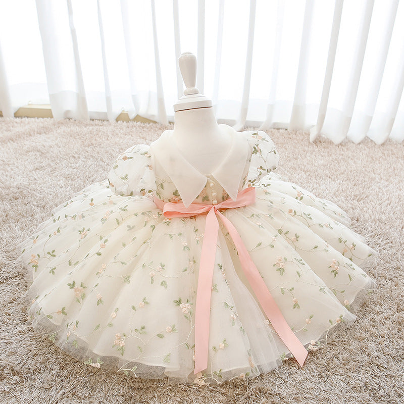 Princess Tulle Flower Girl Dress with Flower Embellishments Floor Length