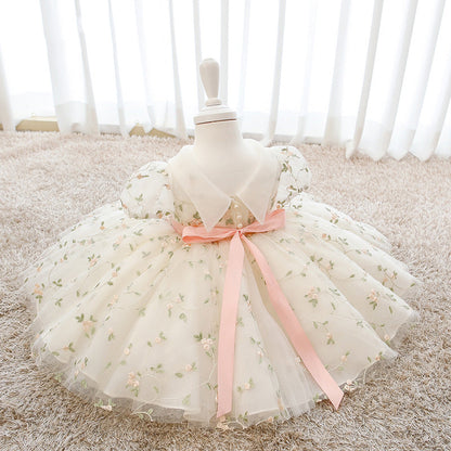 Princess Tulle Flower Girl Dress with Flower Embellishments Floor Length