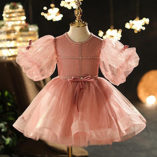 Princess Tulle Flower Girl Dress with Puff Sleeves & Bow