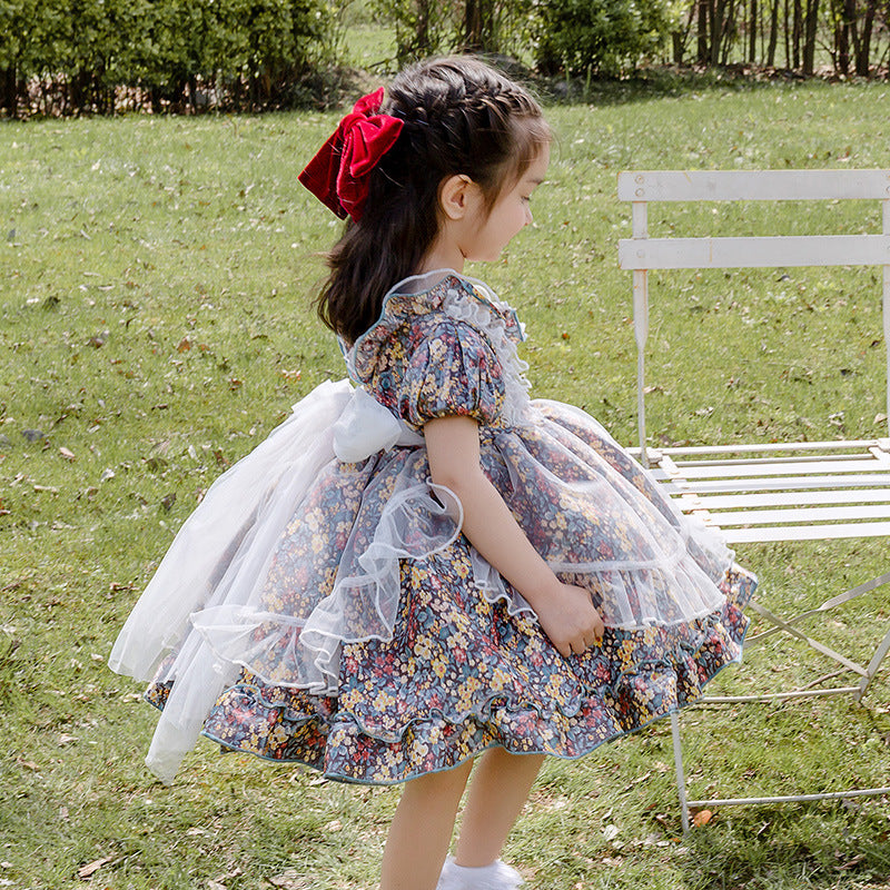 Princess Tulle Flower Girl Dress with Puff Sleeves and Ruffles