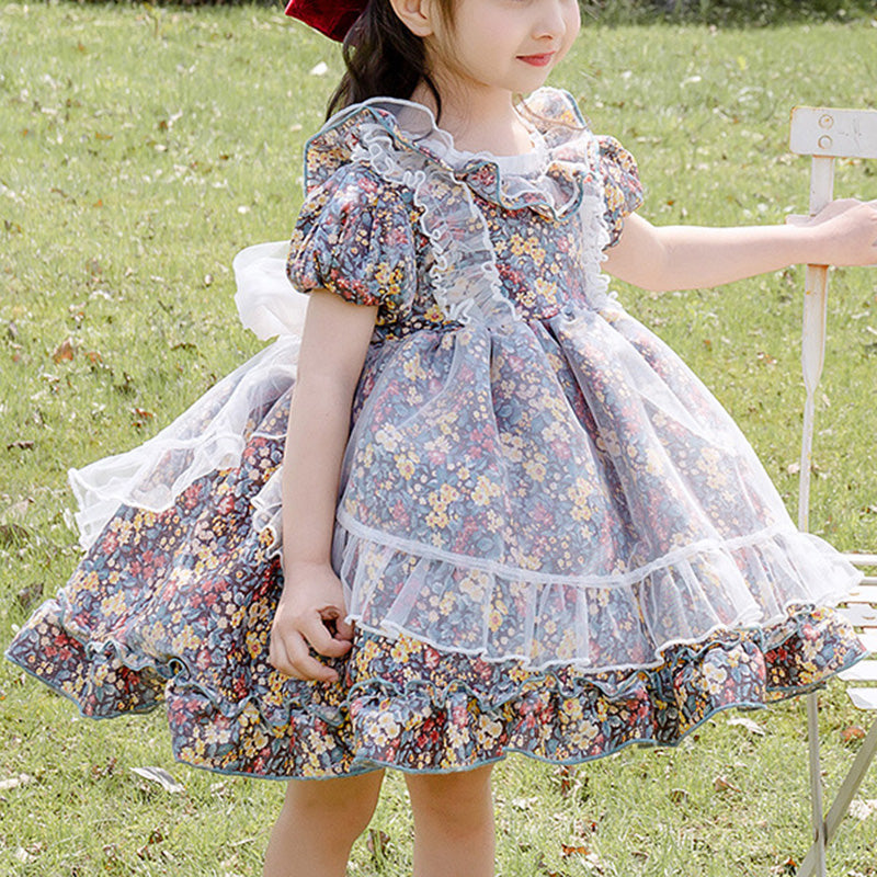 Princess Tulle Flower Girl Dress with Puff Sleeves and Ruffles