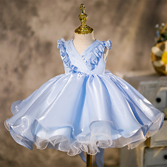 Princess V-Neck Organza Flower Girl Dress with Ruffles