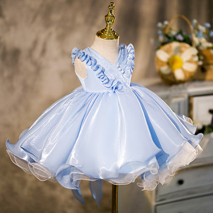 Princess V-Neck Organza Flower Girl Dress with Ruffles