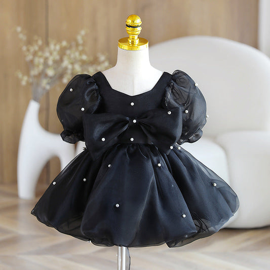 Black Puff Sleeve Princess Dress with Pearls and Bows for Girls | Special Occasion Dress