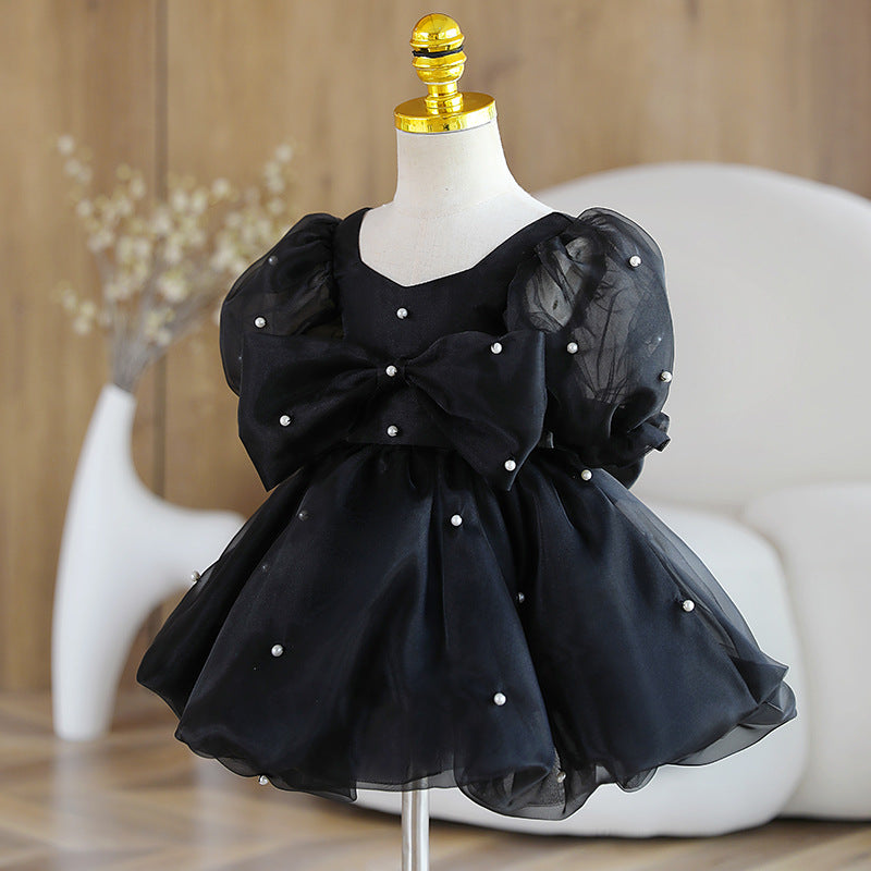 Black Puff Sleeve Princess Dress with Pearls and Bows for Girls | Special Occasion Dress