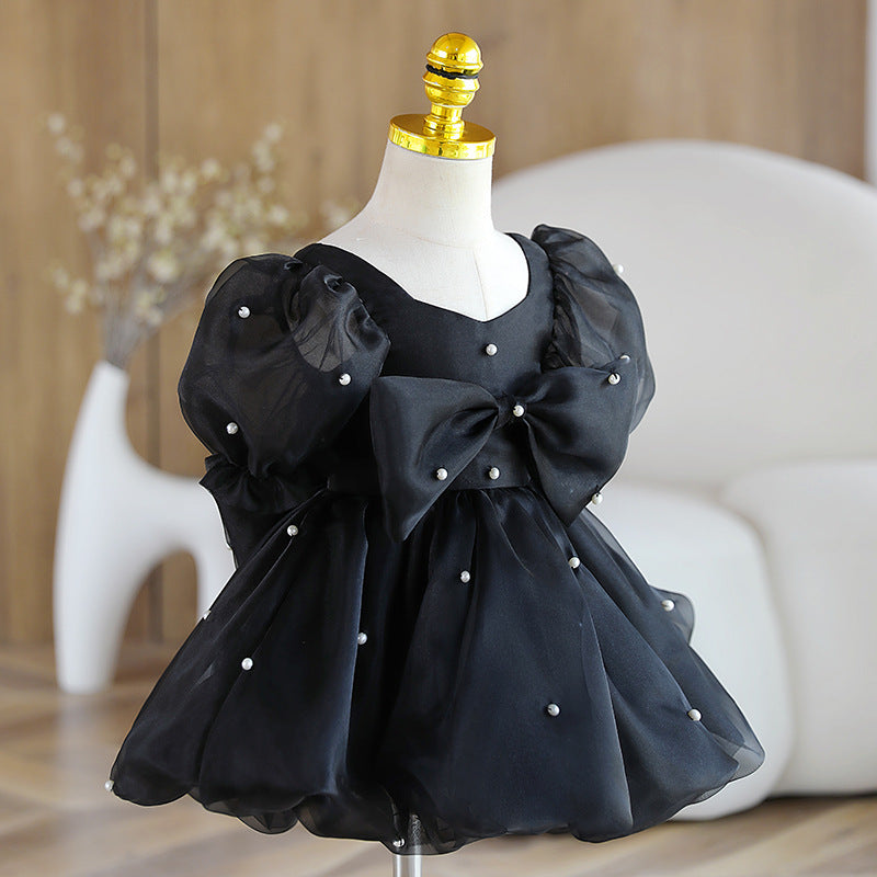 Black Puff Sleeve Princess Dress with Pearls and Bows for Girls | Special Occasion Dress
