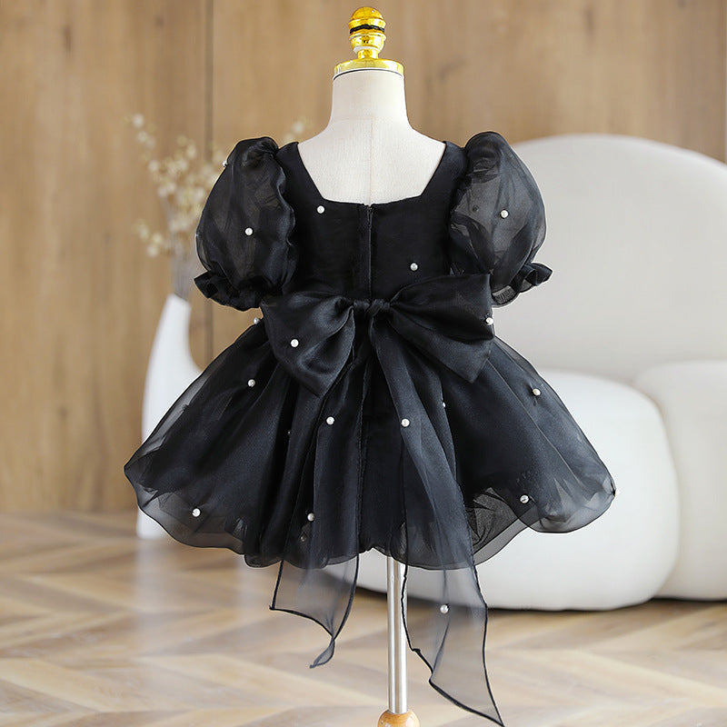 Black Puff Sleeve Princess Dress with Pearls and Bows for Girls | Special Occasion Dress