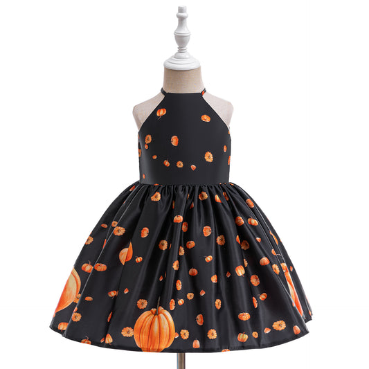 Pumpkin Print Satin Halter Dress for Kids – Halloween Party, Photo Shoot Outfit