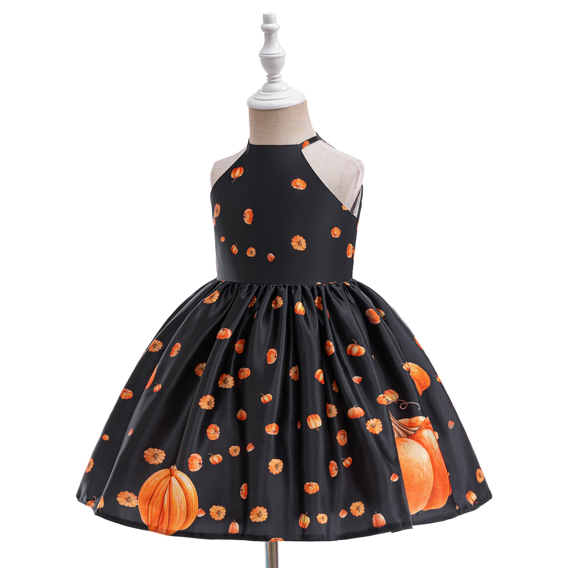 Pumpkin Print Satin Halter Dress for Kids – Halloween Party, Photo Shoot Outfit