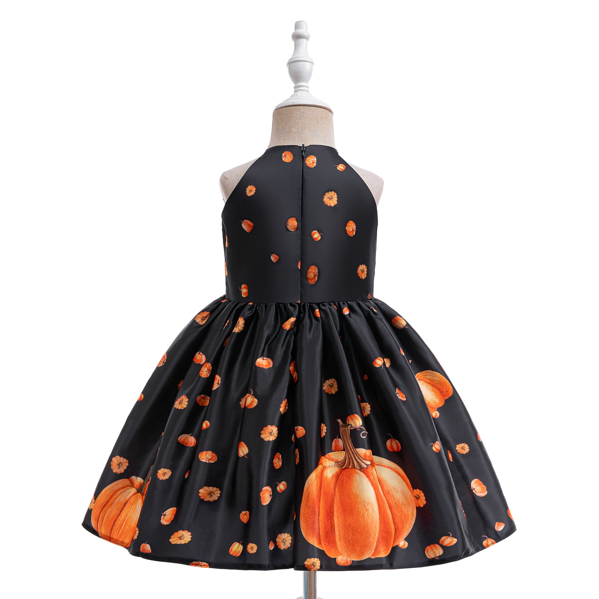 Pumpkin Print Satin Halter Dress for Kids – Halloween Party, Photo Shoot Outfit