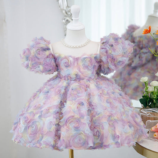 Purple Princess Tulle Dress with Floral Beading for Girls – Short Sleeve, Knee Length, Special Occasion