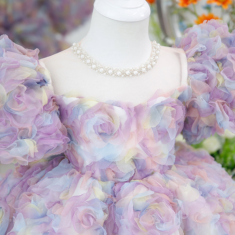 Purple Princess Tulle Dress with Floral Beading for Girls – Short Sleeve, Knee Length, Special Occasion