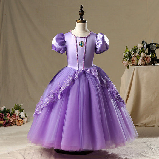 Purple Satin Tulle A-Line Flower Girl Dress Lace Beaded