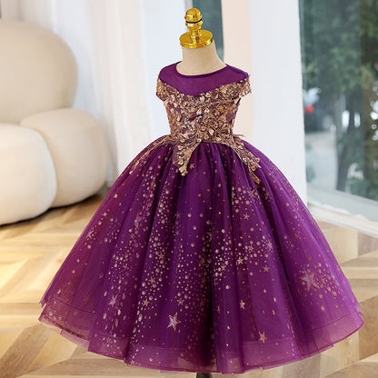 Purple Sequin & Organza A-Line Flower Girl Dress