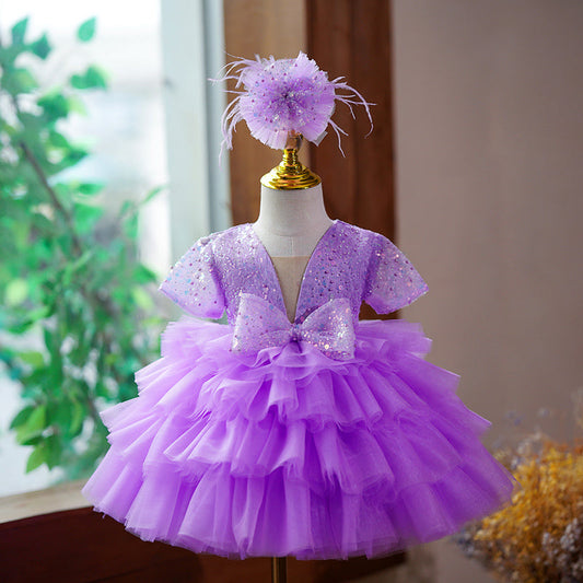 Purple Sequin Princess Dress for Girls – Knee-Length Fluffy Birthday Party Outfit