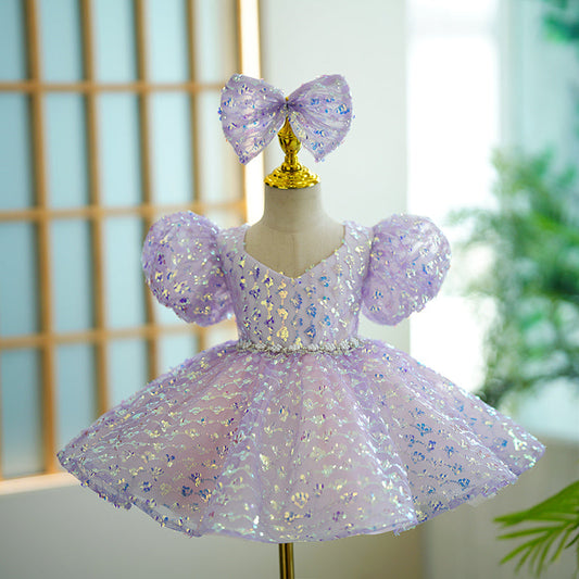 Girls' Purple V-Neck Sequin Princess Dress – Birthday & Special Occasion Outfit