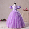 Purple Sequin Princess Flower Girl Dress Short Puff Sleeve Floor