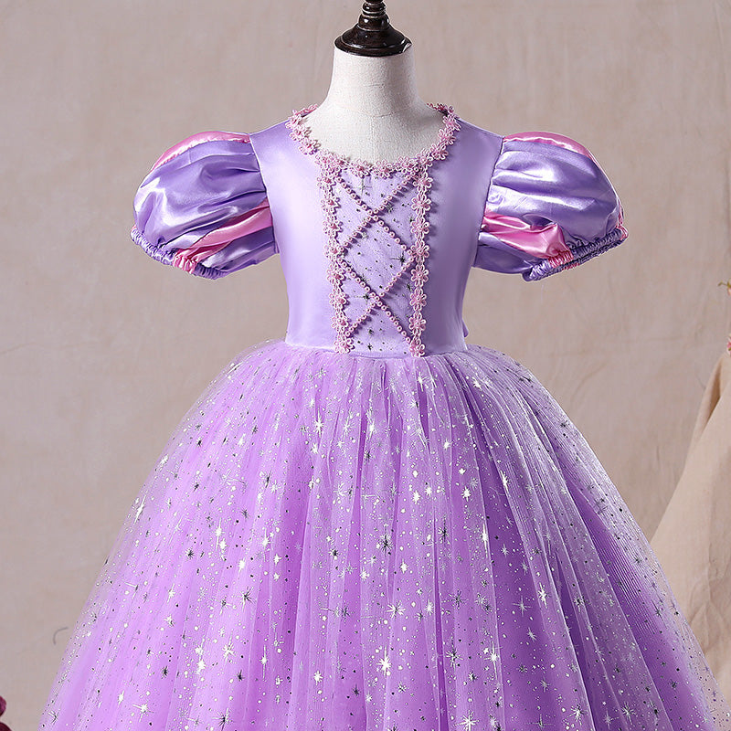 Purple Sequin Princess Flower Girl Dress Short Puff Sleeve Floor