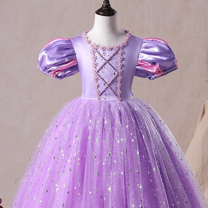 Purple Sequin Princess Flower Girl Dress Short Puff Sleeve Floor