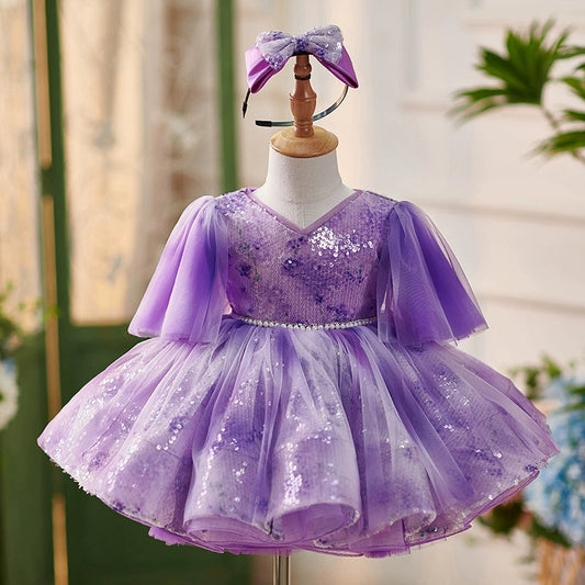 Purple Sequined Ball Gown for Girls – Knee-Length Princess Dress