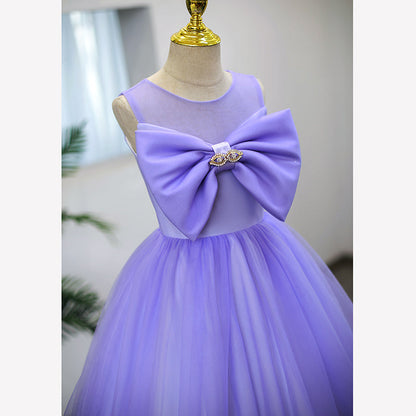 Purple Tulle A-Line Flower Girl Dress Bow Pleated Floor