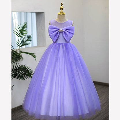 Purple Tulle A-Line Flower Girl Dress Bow Pleated Floor
