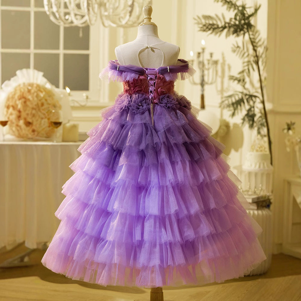Purple Tulle Flower Girl Dress with Ruffles & Off-Shoulder Design