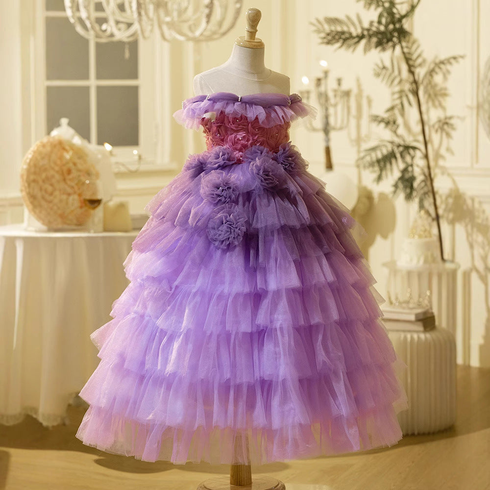 Purple Tulle Flower Girl Dress with Ruffles & Off-Shoulder Design