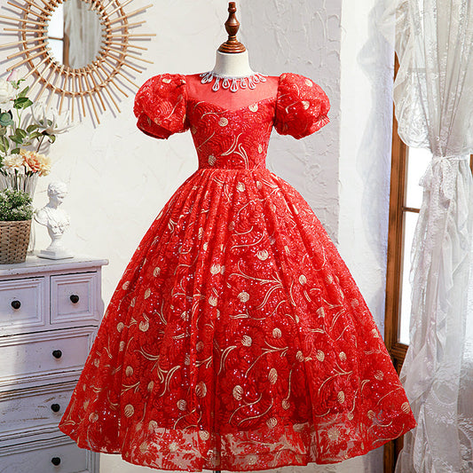 Red A-Line Floor Length Flower Girl Dress Beaded Flowers