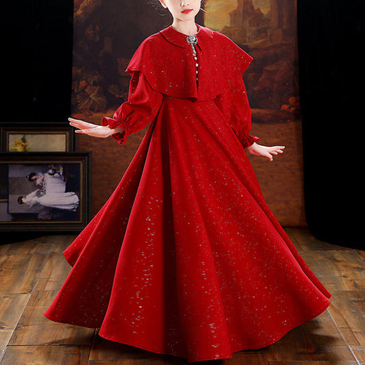 Red A-Line Flower Girl Dress: Collared Neck Long Sleeve