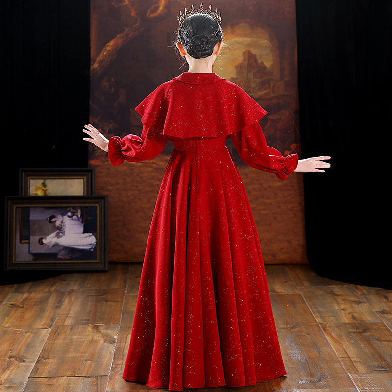 Red A-Line Flower Girl Dress: Collared Neck Long Sleeve