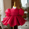 Red A-Line Knee-Length Flower Girl Dress with Bow & Puff Sleeves