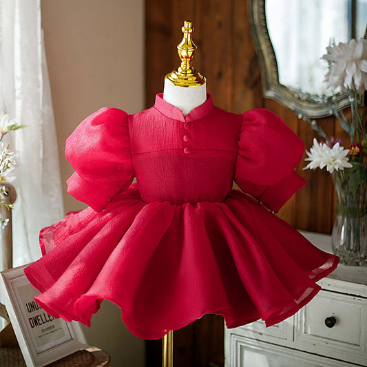 Red A-Line Knee-Length Flower Girl Dress with Bow & Puff Sleeves