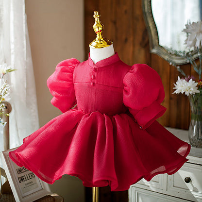 Red A-Line Knee-Length Flower Girl Dress with Bow & Puff Sleeves