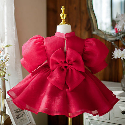 Red A-Line Knee-Length Flower Girl Dress with Bow & Puff Sleeves