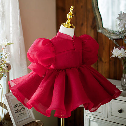 Red A-Line Knee-Length Flower Girl Dress with Bow & Puff Sleeves