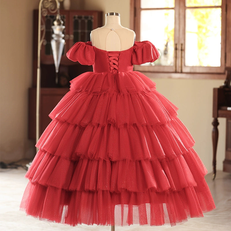 Red A-Line Princess Flower Girl Dress with Beaded Ruffles