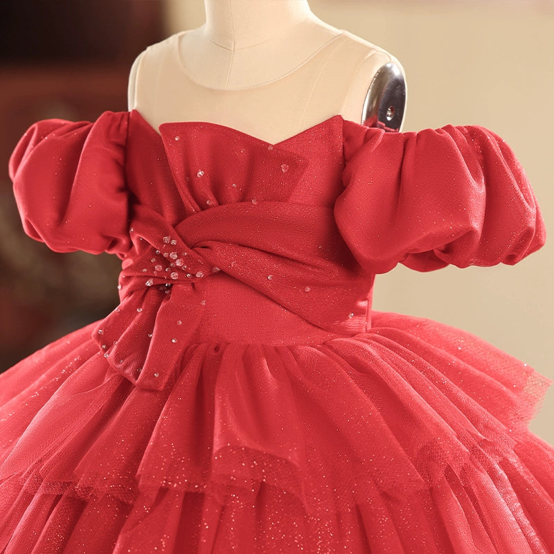 Red A-Line Princess Flower Girl Dress with Beaded Ruffles