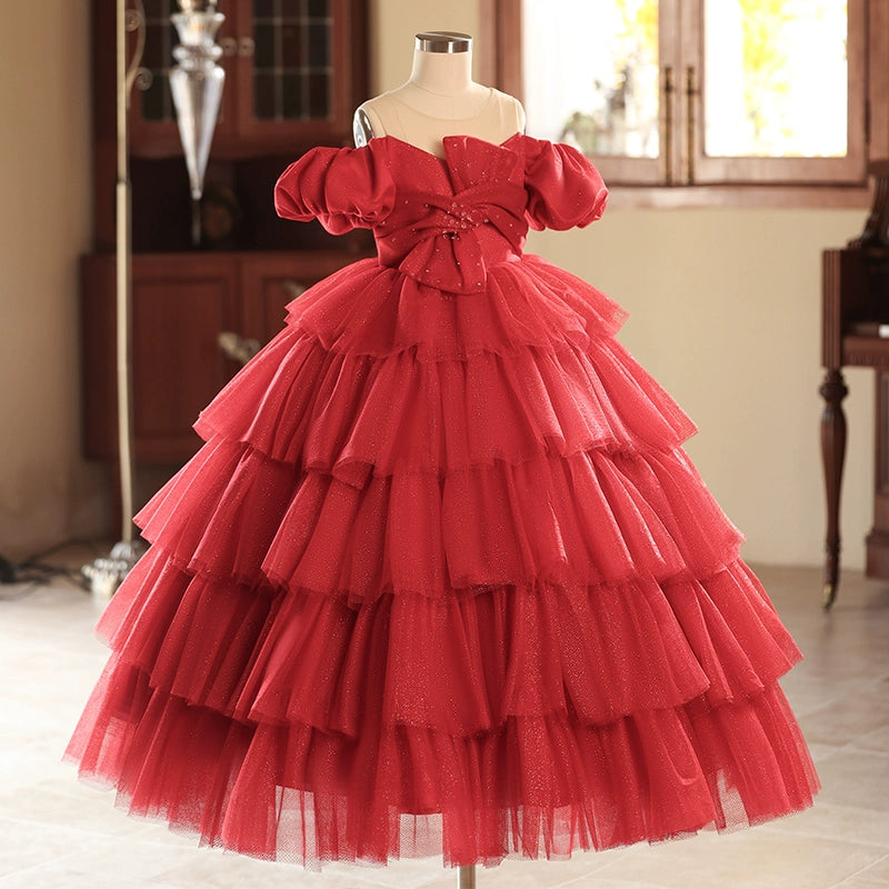 Red A-Line Princess Flower Girl Dress with Beaded Ruffles
