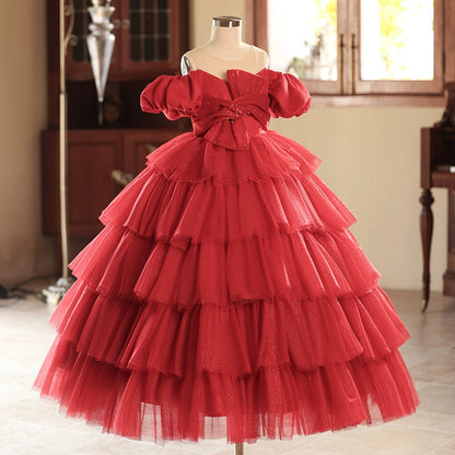 Red A-Line Princess Flower Girl Dress with Beaded Ruffles