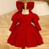 Red A-Line Tea Length Flower Girl Dress Sequin Puff Sleeve