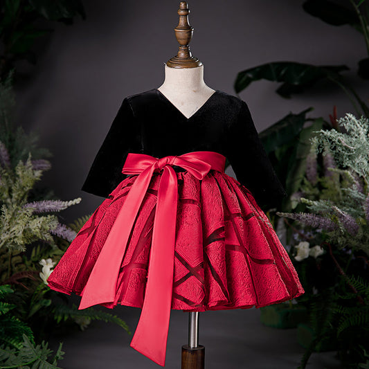 Red A-Line Tea-Length Flower Girl Dress with Satin Velvet Bow