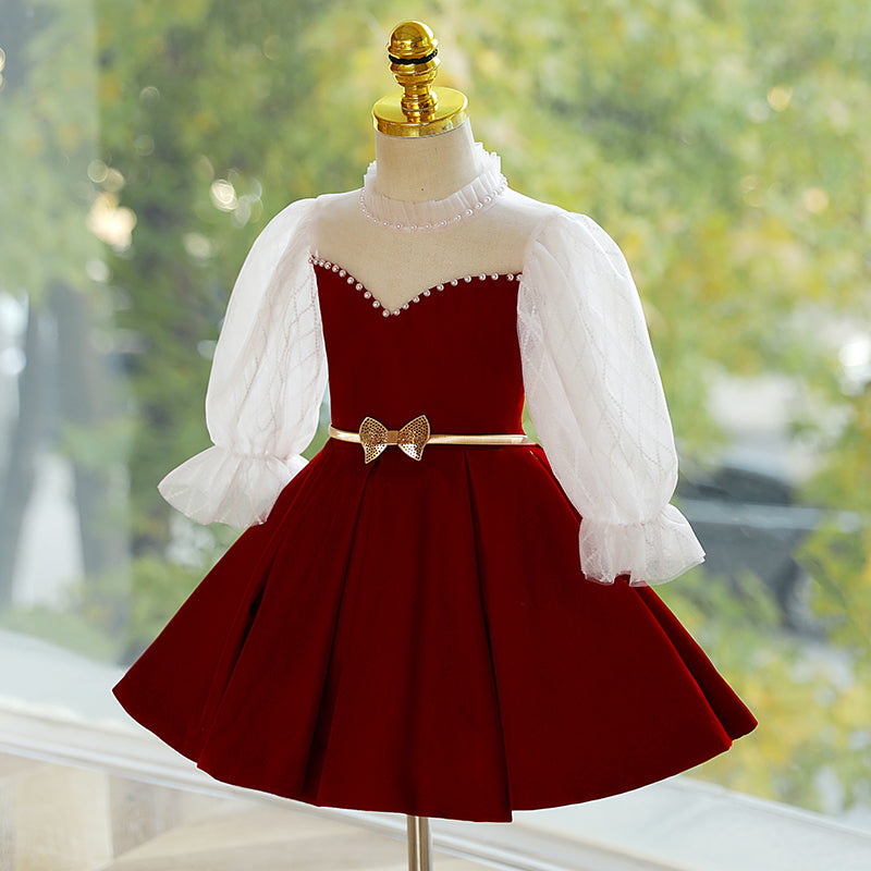 Red Princess Satin Dress with Beads & Long Sleeves for Girls | Holiday Party Flower Girl Dress