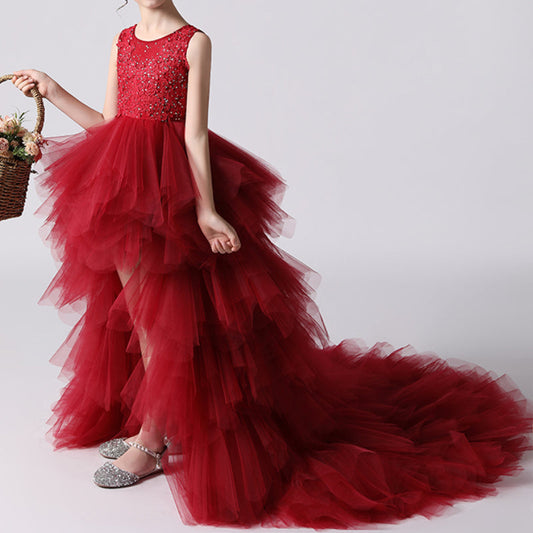 Red Burgundy A-Line Princess Flower Girl Dress with Lace Ruffles
